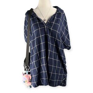 Tahari Tunic Blouse Womens 1X Blue Windowpane Linen Blend Short Sleeve Bohemian